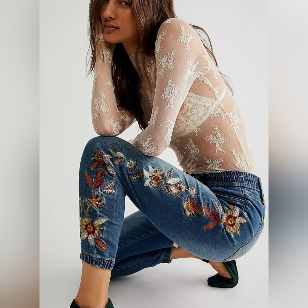NWT Driftwood x Free People Embroidered Denim Joggers